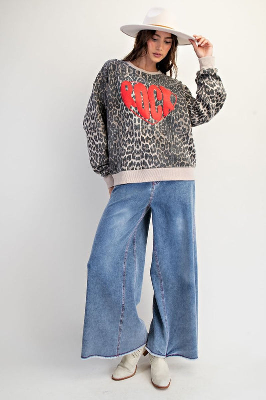 Easel Animal Print Rock Heart Terry Pullover