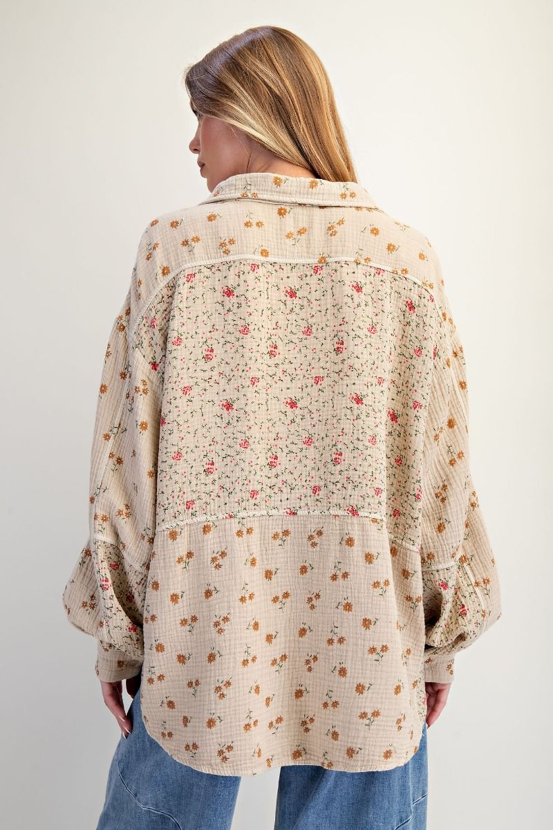 Easel Floral Print Cotton Gauze Shirt