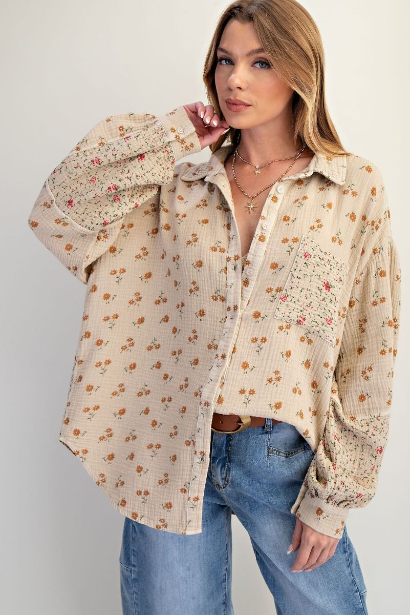 Easel Floral Print Cotton Gauze Shirt