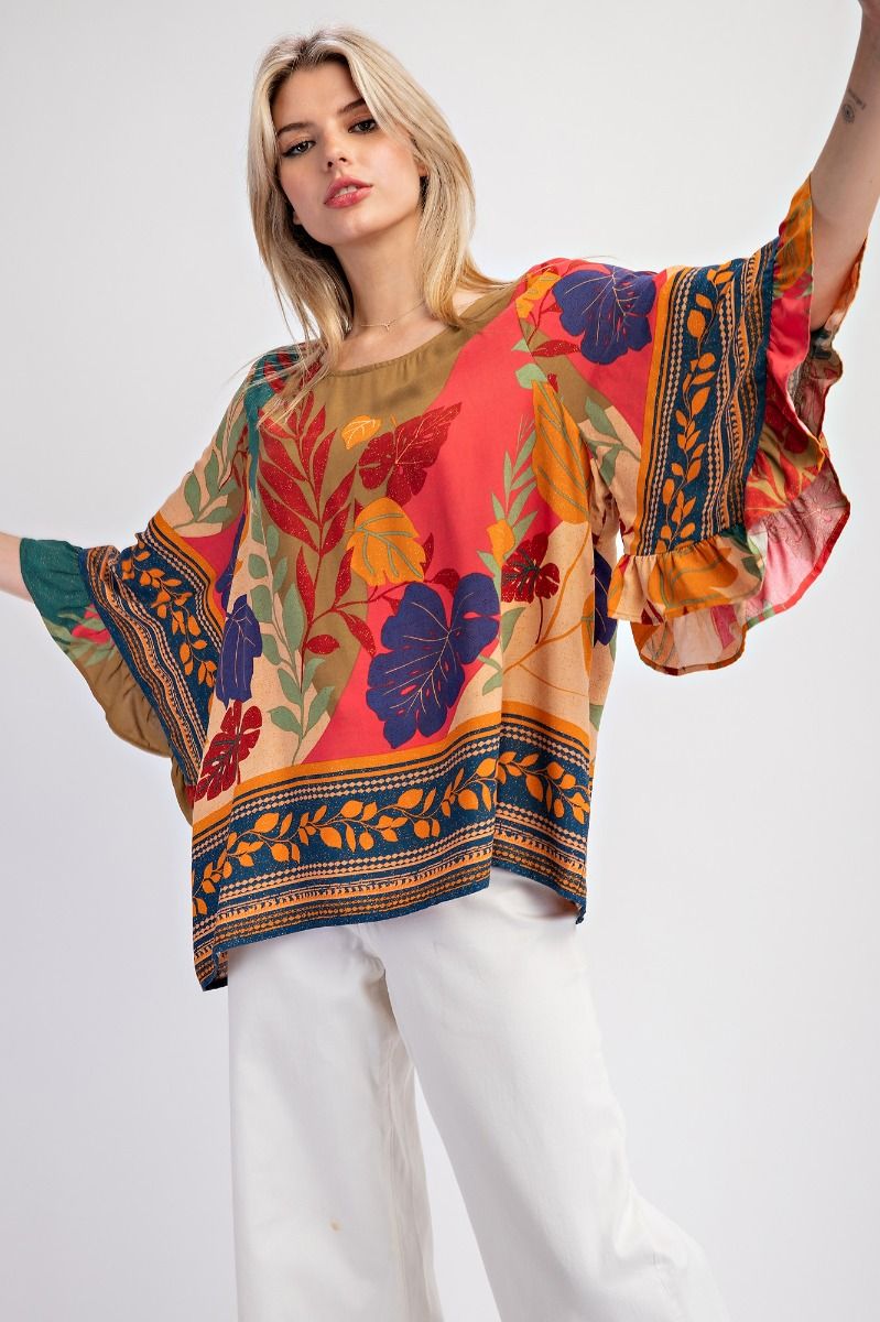 Easel Border Printed Rayon Challis Woven Top