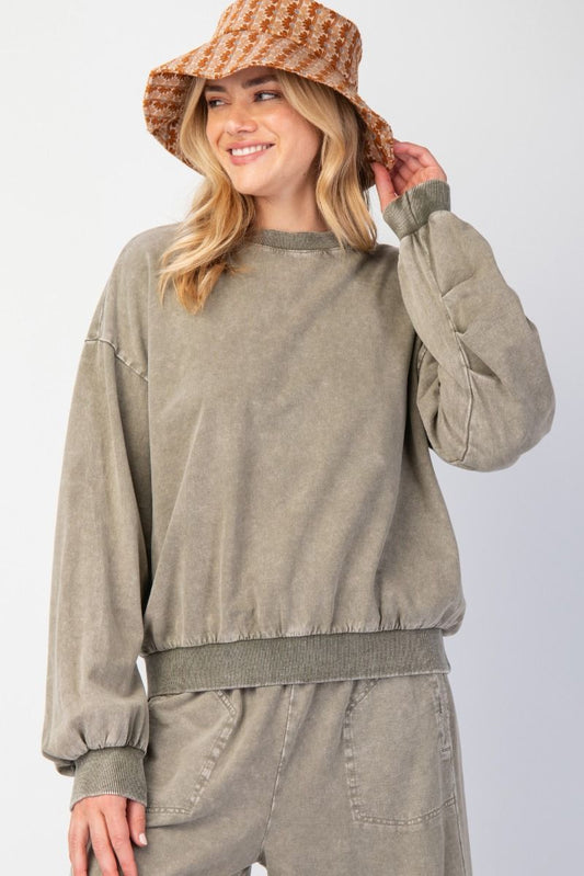 Easel Mineral Washed Bubble Waisted Terry Knit Pullover