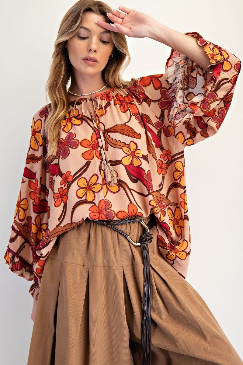 Easel Floral Print Rayon Gauze Top