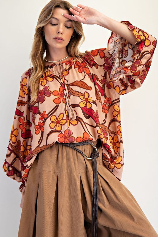 Easel Floral Print Rayon Gauze Top