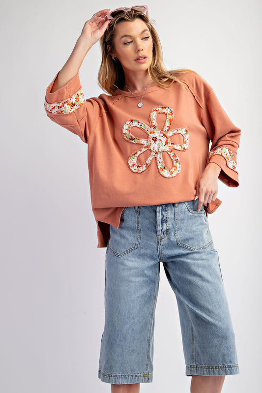 Easel Flower Patch Front Terry Knit Top