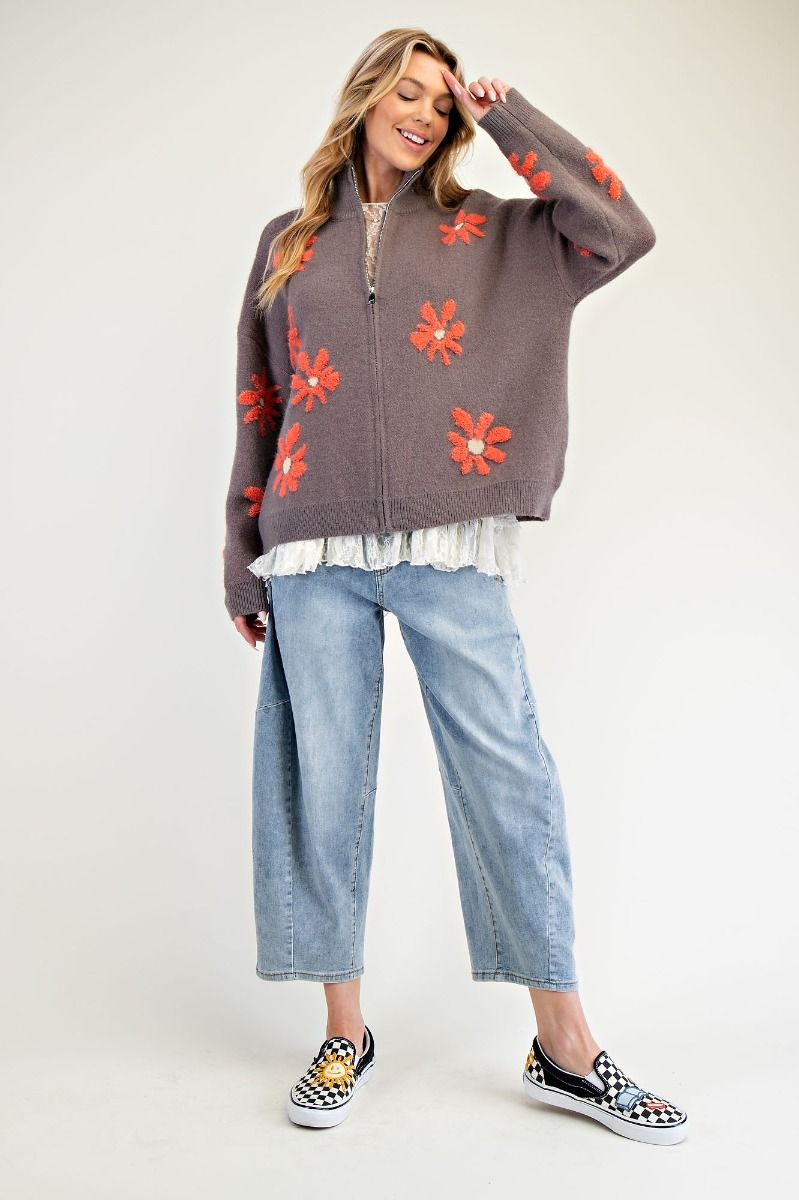 Easel Floral Zip Up Knit Sweater Cardigan