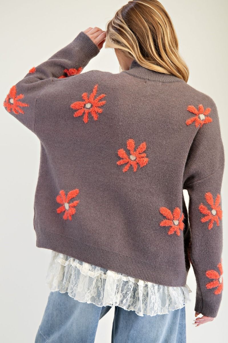 Easel Floral Zip Up Knit Sweater Cardigan