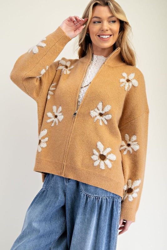 Easel Floral Zip Up Knit Sweater Cardigan