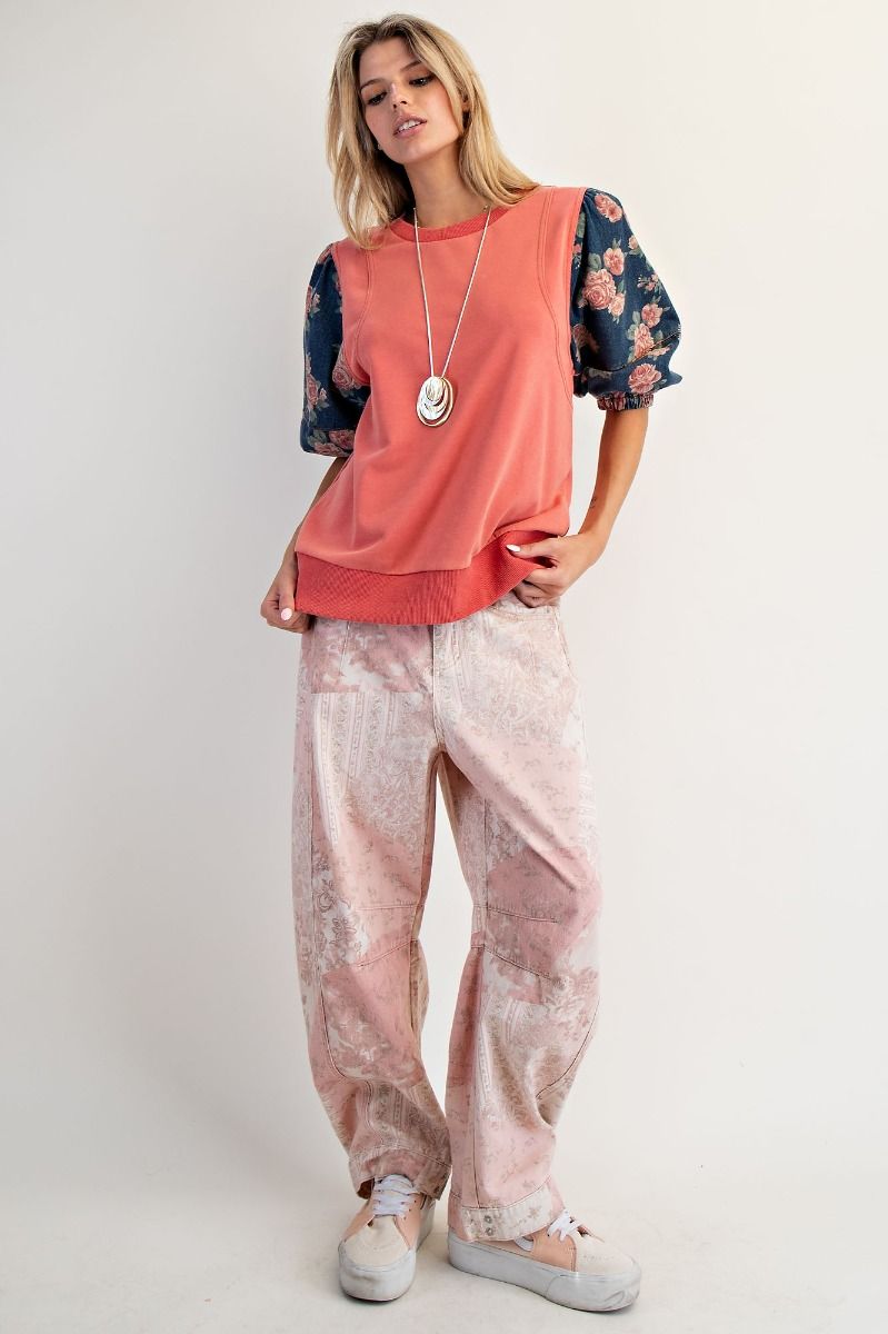 Easel Floral Denim Sleeves Terry Top