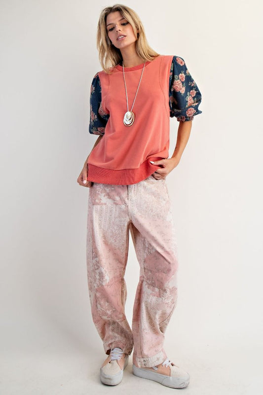 Easel Floral Denim Sleeves Terry Top