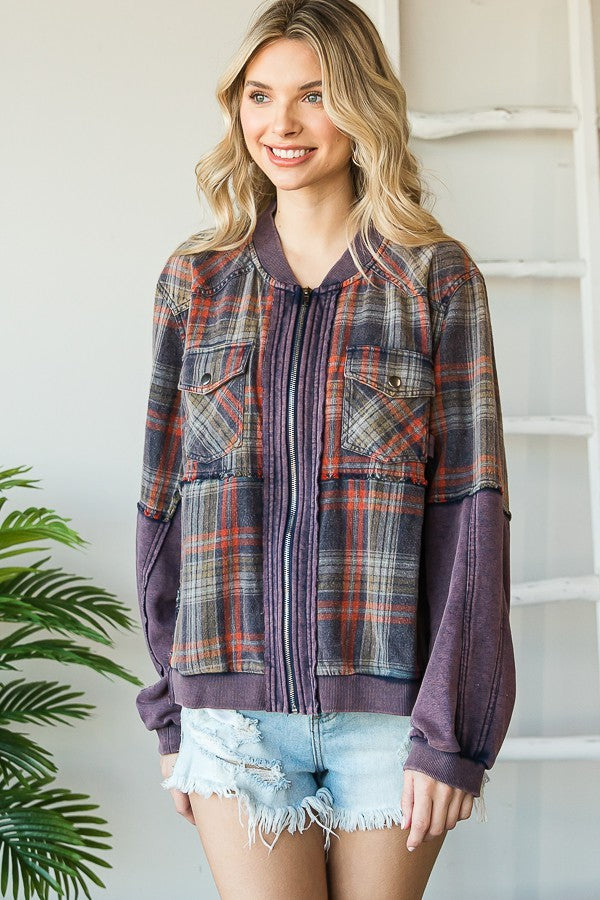 Oli & Hali Washed Media Plaid Zip Front Jacket