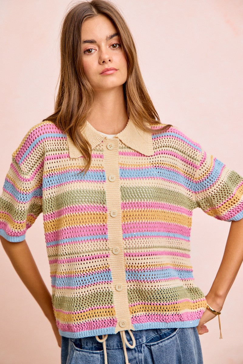Bibi Multi Color Stripes Buttoned Knit Top