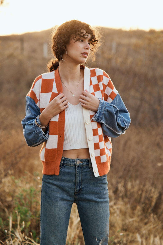 Mello Checker Plaid Cardigan With Frayed Denim Sleeve