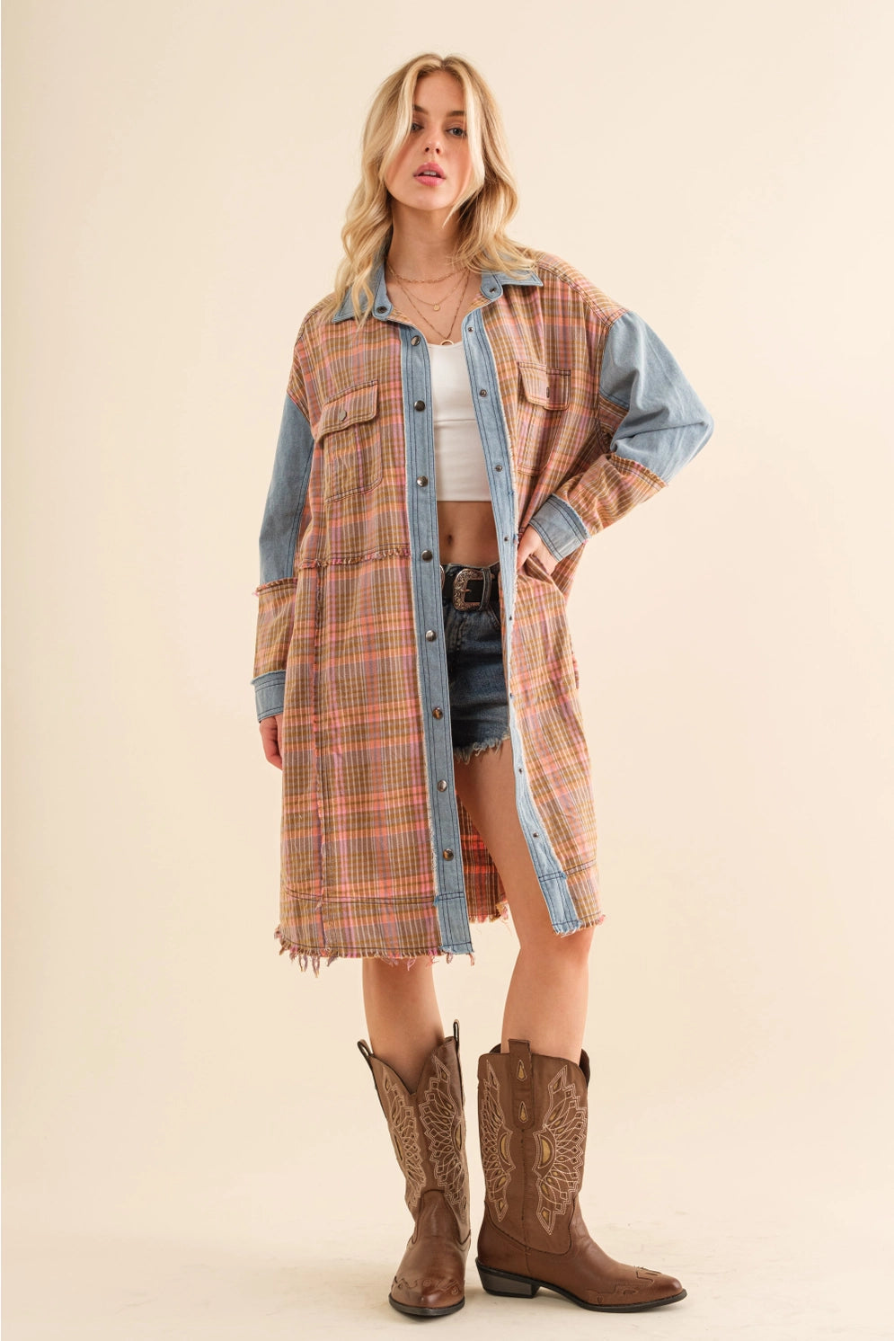 Blue B Plaid Denim Snap Up Shirt Jacket