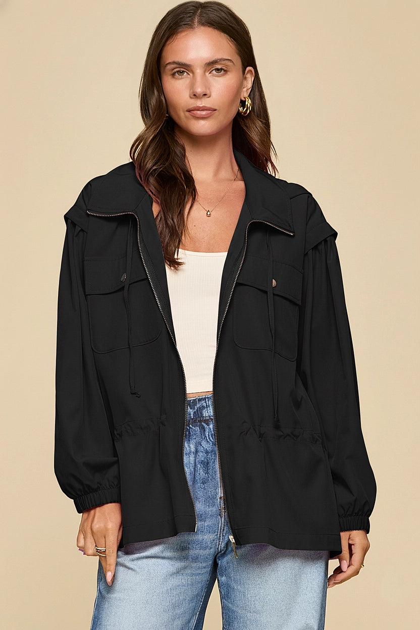 Dear Scarlett Double Breasted Pocket Jacket W/Hoodie