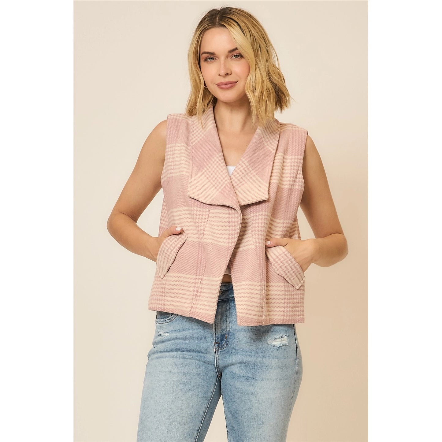 Cozy Co. Plaid Open Front Sleeveless Jacket
