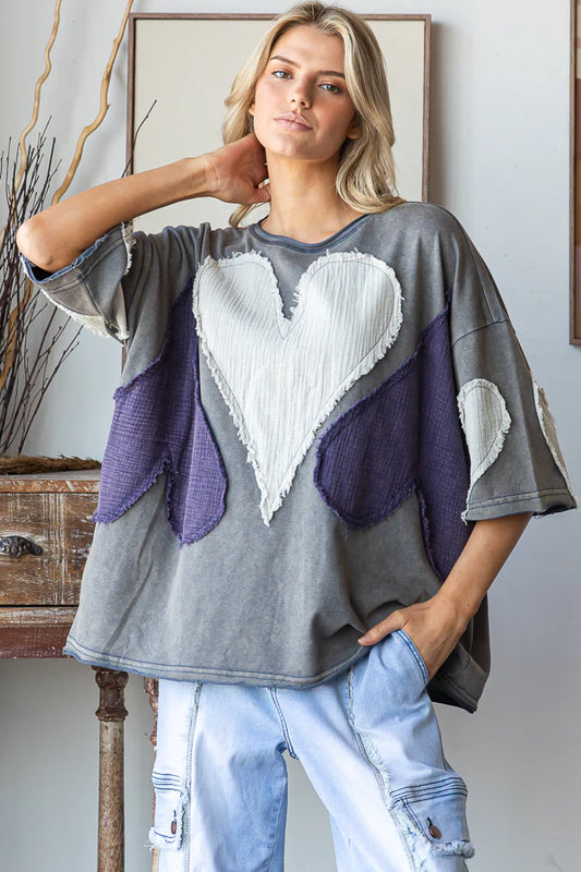 Oli & Hali Lightweight Short Sleeve Oversized Sweatshirt With Heart Patchwork