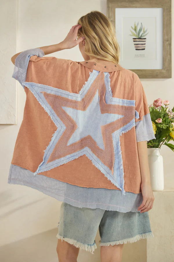 Oli & Hali Star Patch Fish Net Sleeve & Hem Top