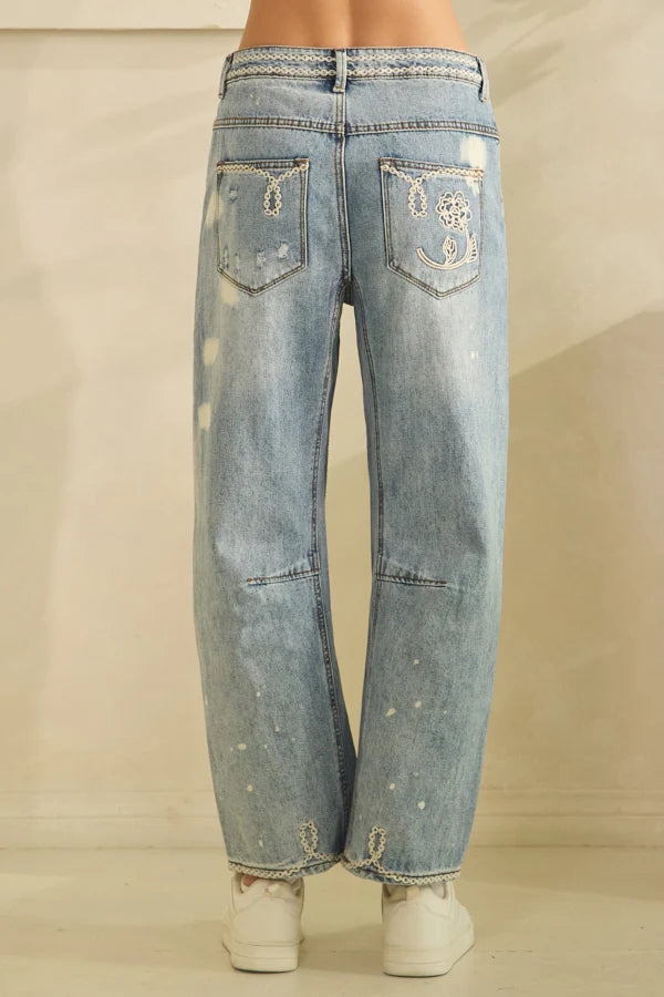 Oli & Hali Floral Embroidered Distressed Wide Leg Jeans
