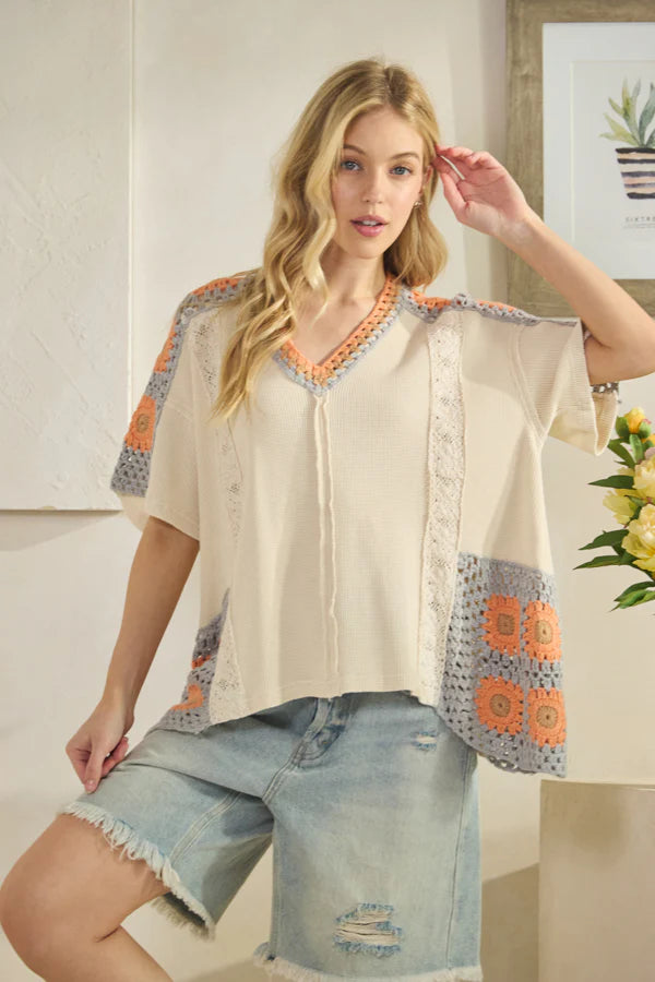 Oli & Hali Washed V-Neck Crochet Waffle Mix Top