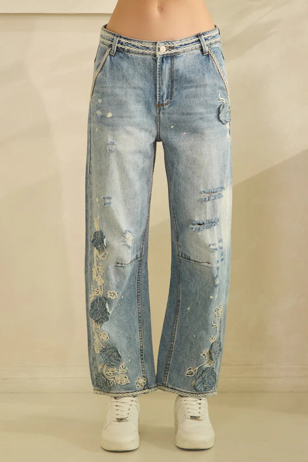 Oli & Hali Floral Embroidered Distressed Wide Leg Jeans