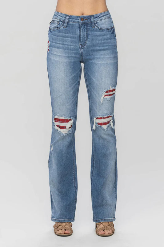 Judy Blue MR Plaid Patch Detail Bootcut Jeans