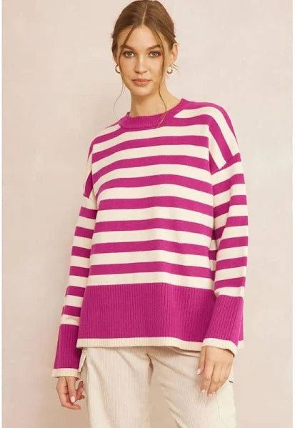 Entro Striped Oversized Crew Neck Sweater