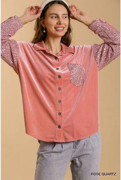 Umgee  Rose Velvet Button Down Sequin Sleeves & Pocket