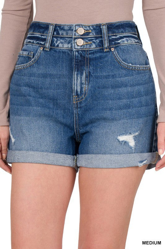 Zenana Cuffed Double Button Denim Shorts