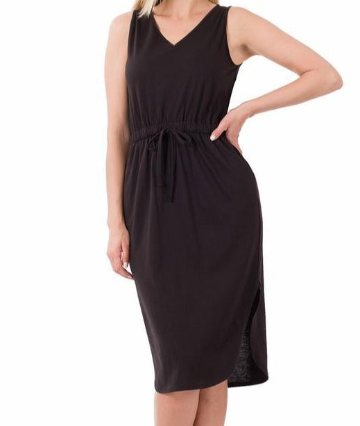 Zenana Drawstring Waist Curved Hem Dress