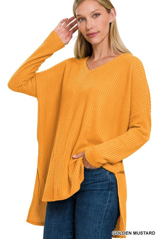 Zenana Waffle Knit V-Neck High Low Top