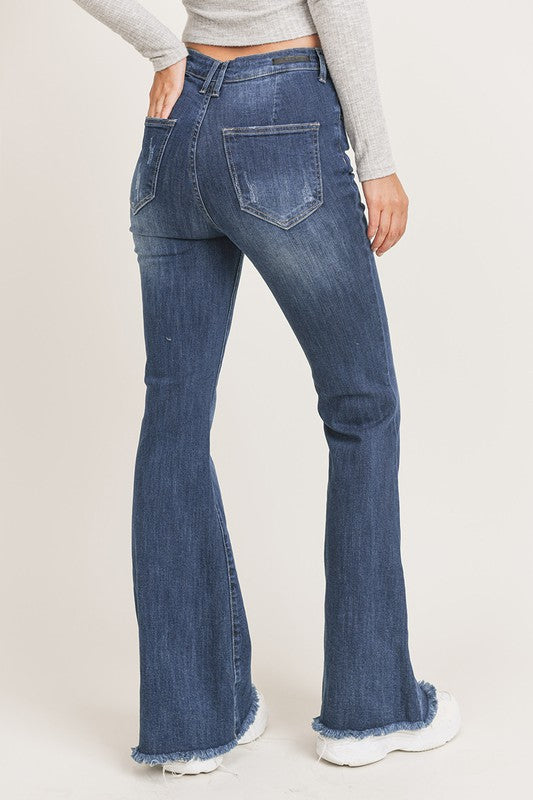 Risen High Waist Vintage Frayed Hem Flare Jeans