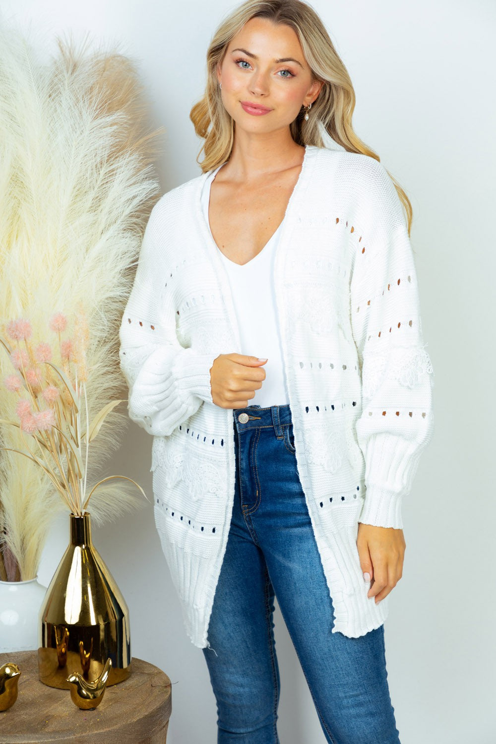 White Birch Open Front Eyelet detail Cardigan