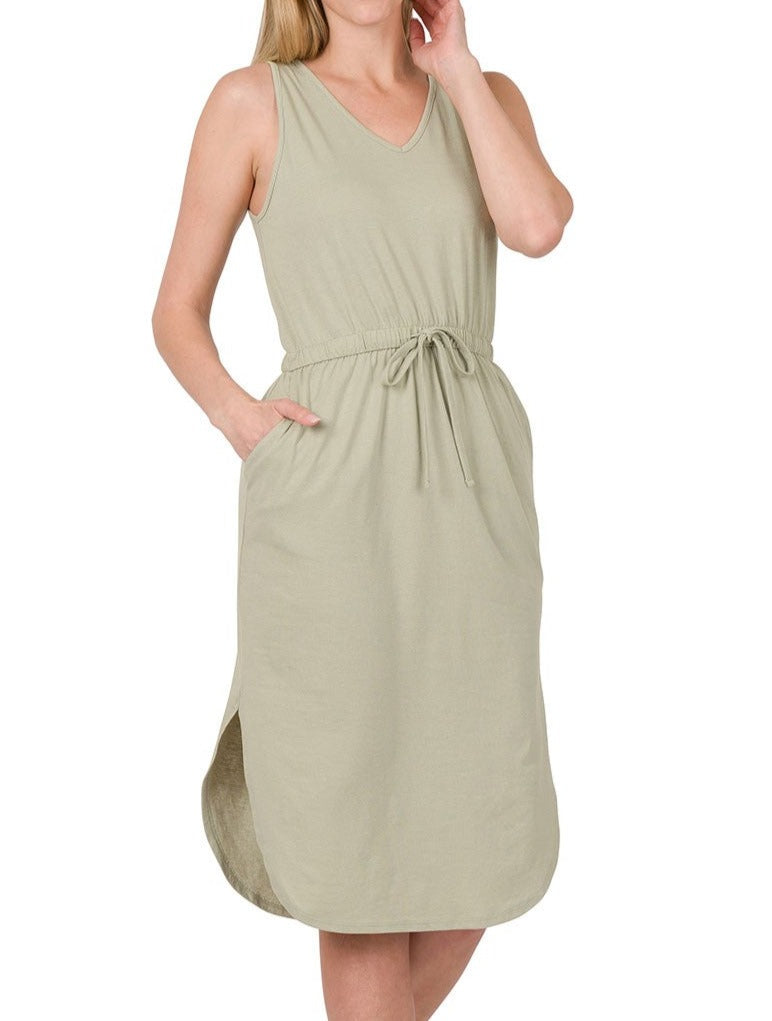 Zenana Drawstring Waist Curved Hem Dress