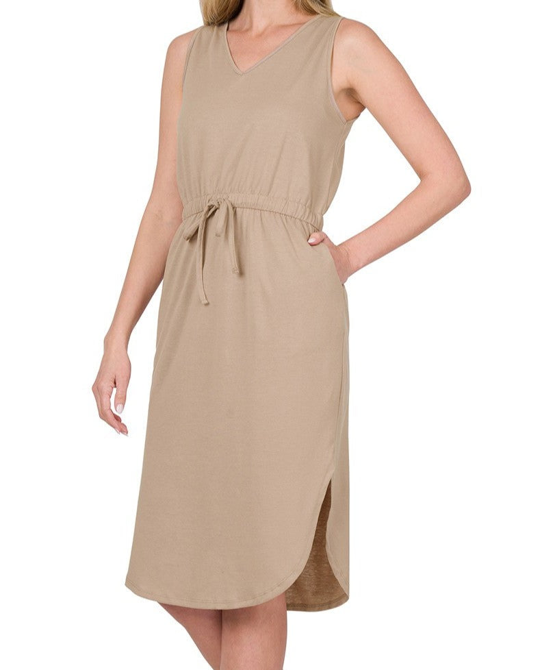 Zenana Drawstring Waist Curved Hem Dress