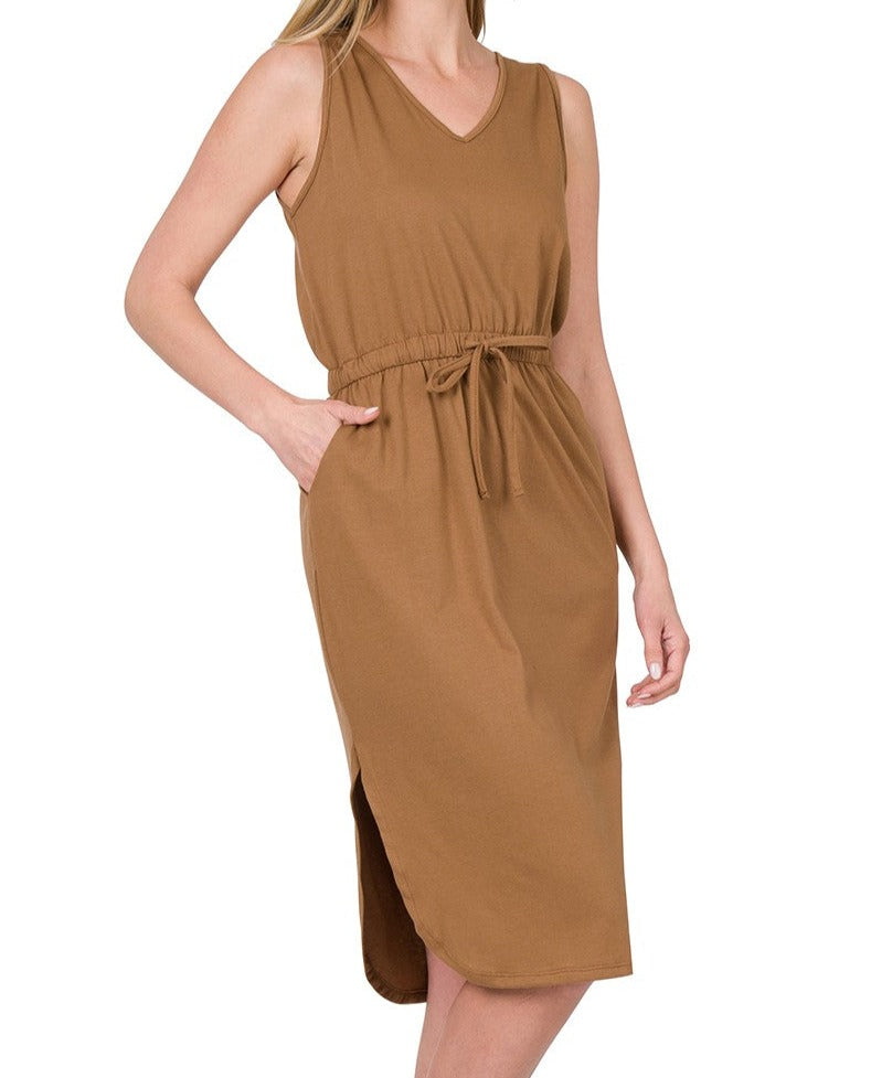 Zenana Drawstring Waist Curved Hem Dress