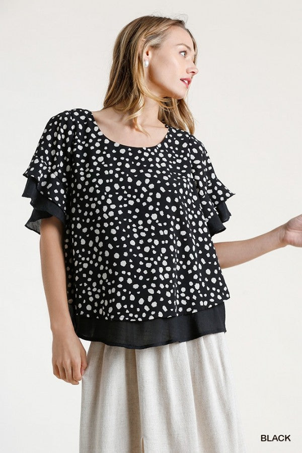 Umgee Dalmatian Print Short Ruffle Sleeve Layered Top