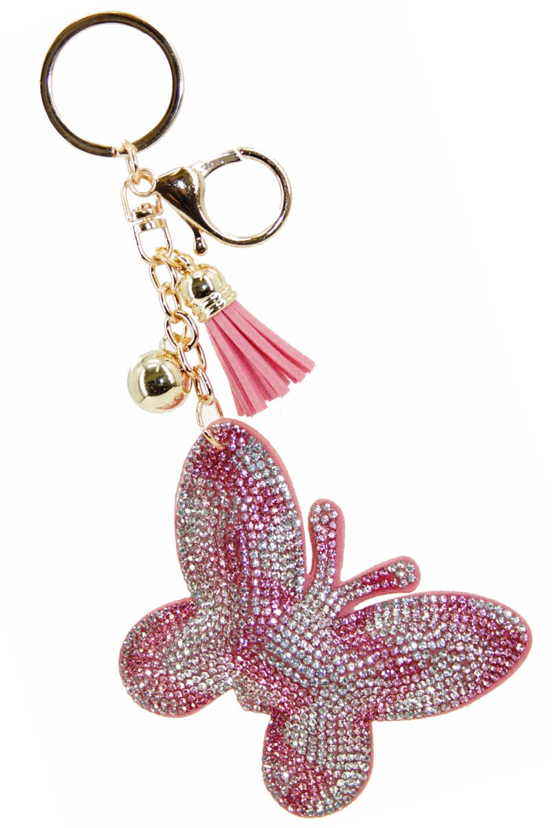 Crystal Breeze Pink Crystal Butterfly Tassel Puff Keychain