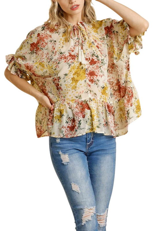 Umgee Floral Print split Neck short sleeve ruffle tiered top