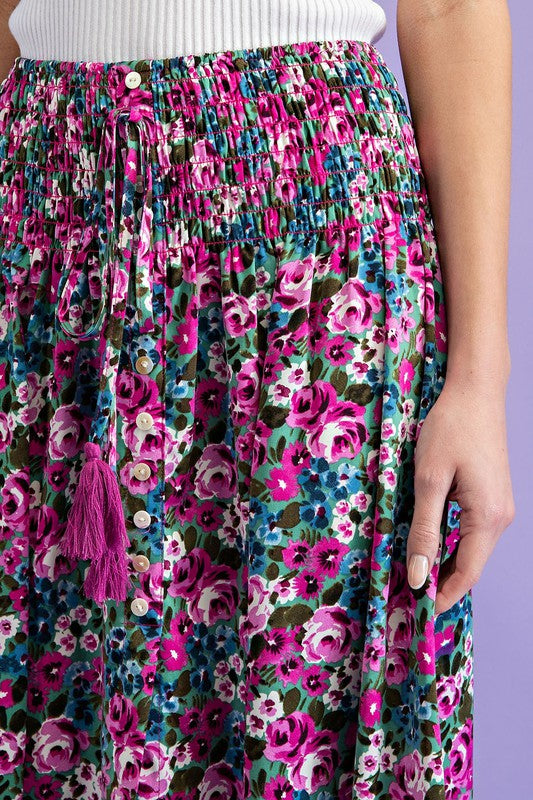 ee:some Floral Maxi Skirt with smocked waist & button front