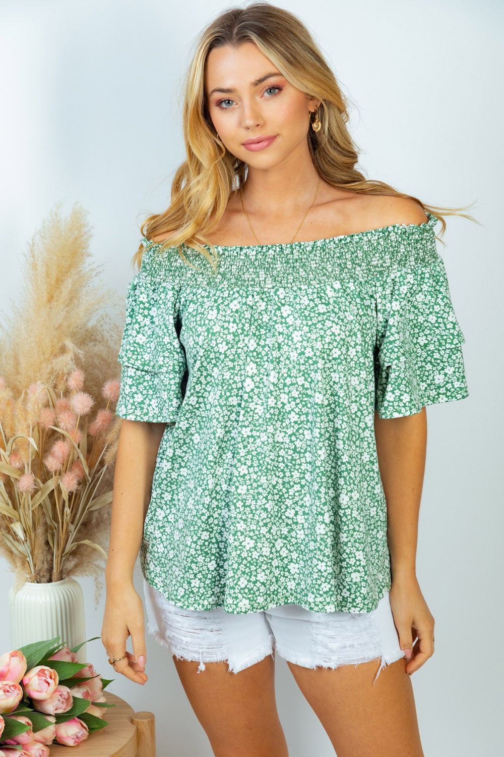 White Birch Short Sleeve Floral Print Top