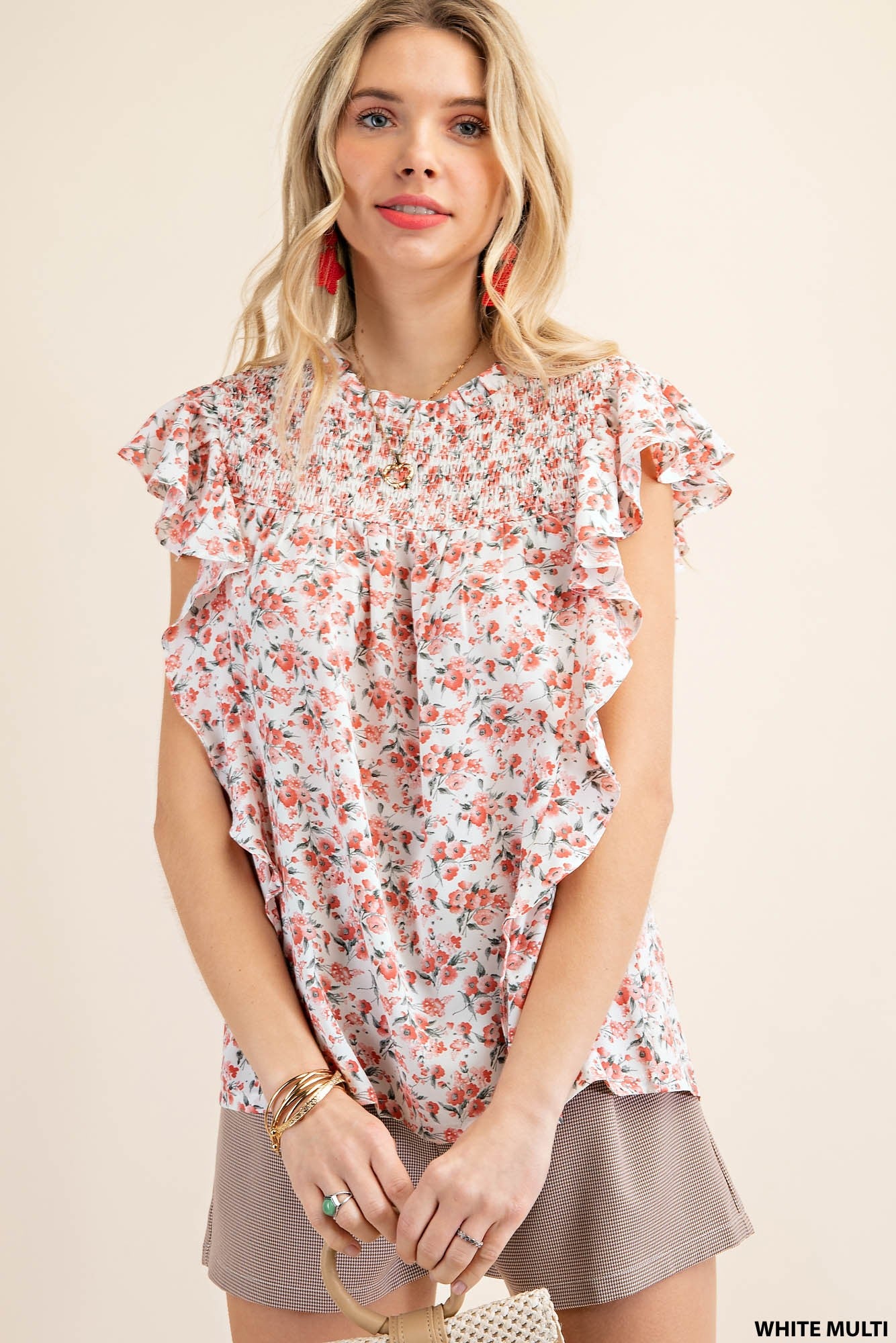 Kori America Dobby Printed Smocked Top