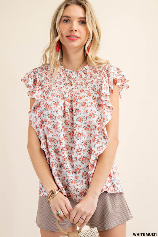 Kori America Dobby Printed Smocked Top