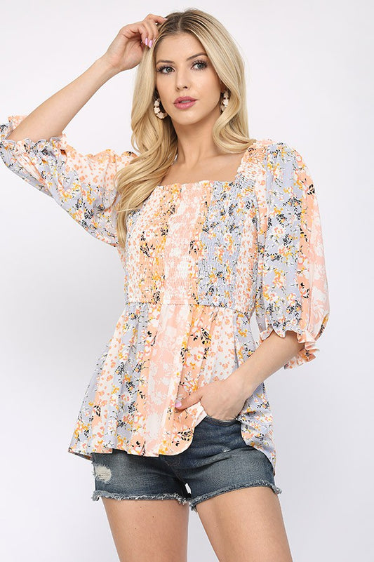 GiGiO Floral Print Smocking Peplum Top