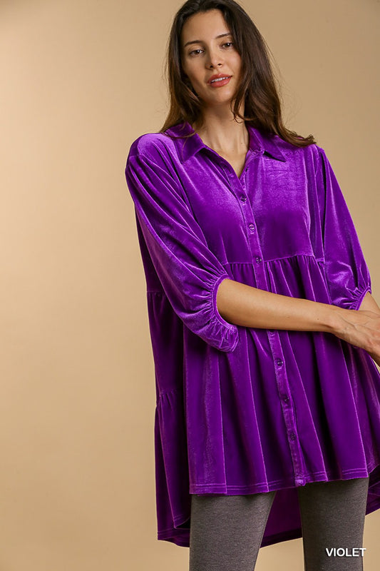 Umgee  Velvet 3/4 Sleeve Tiered High Low Tunic