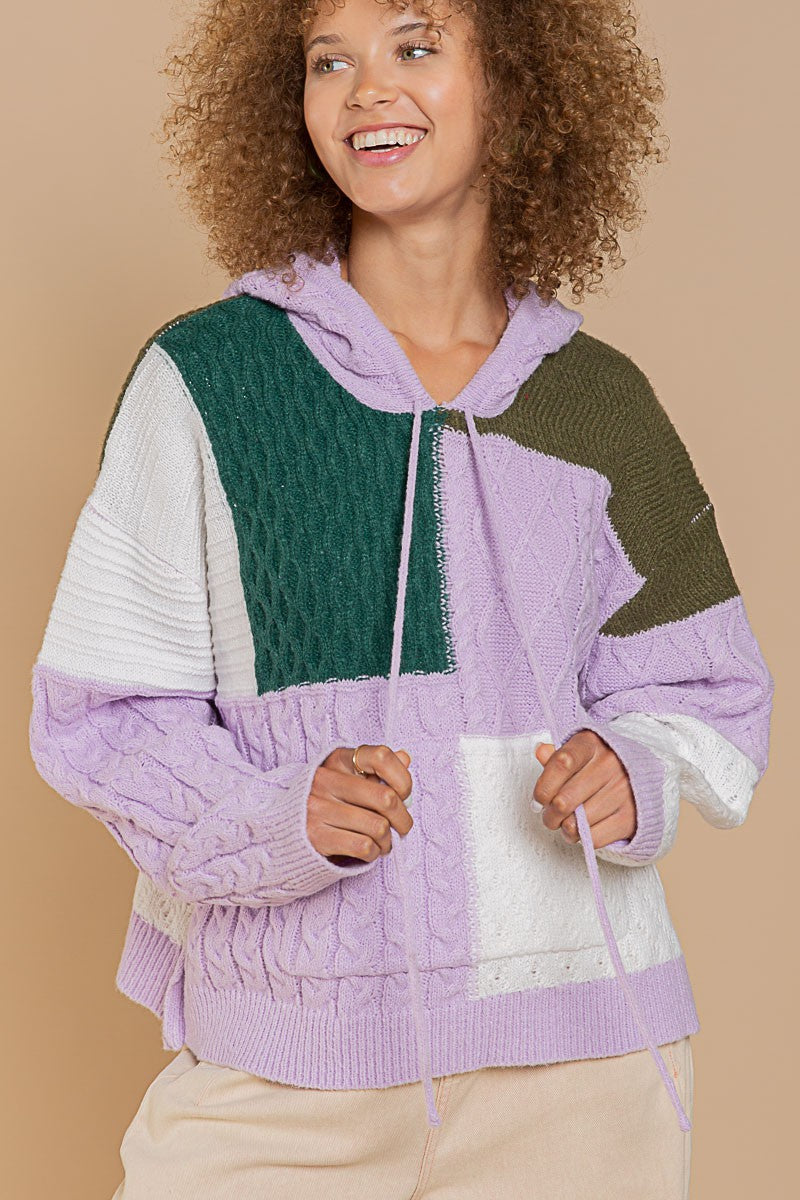 POL Color Block Knit Hoodie With Pocket