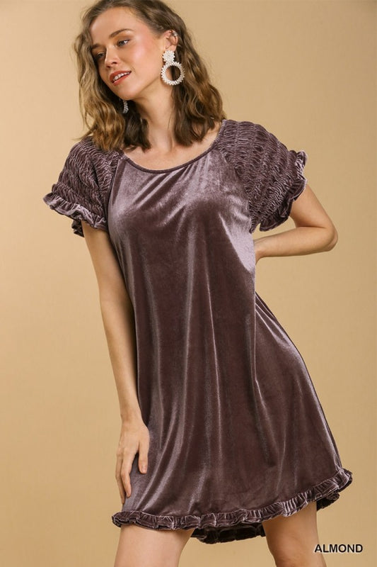 Umgee Velvet Short Ruffle Sleeves Round Neck Dress