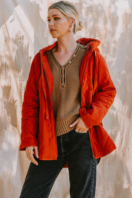 ODDI Quilted Rust Drawstring Zip Jacket With Hood