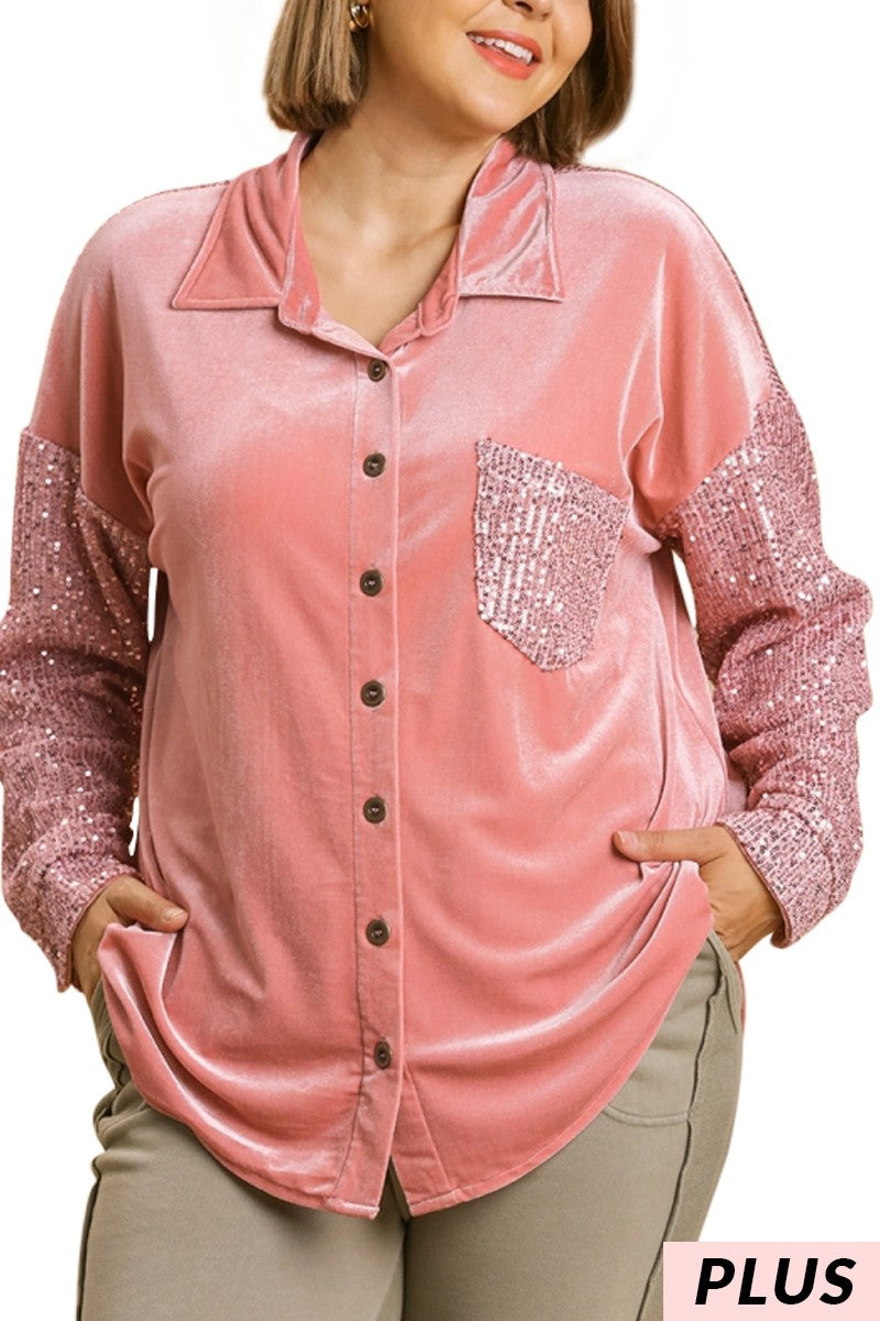 Umgee  Rose Velvet Button Down Sequin Sleeves & Pocket