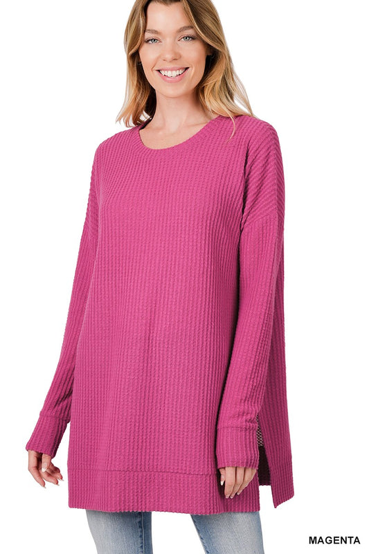 Zenana  Magenta Waffle Knit Round Neck