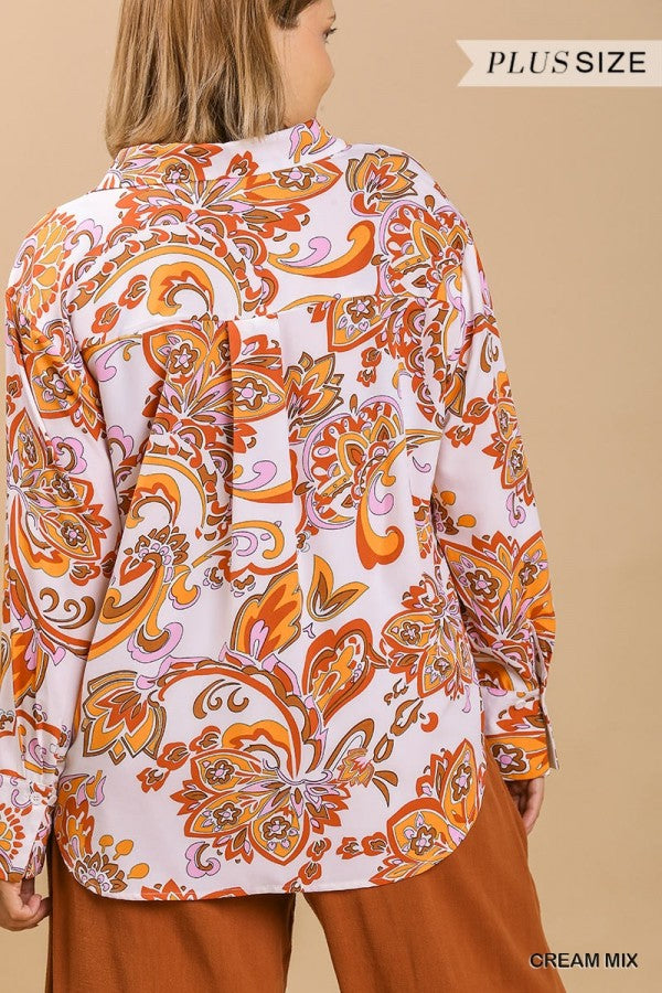 Umgee Floral Print Button Up Shirt With Hi-Lo Hemline